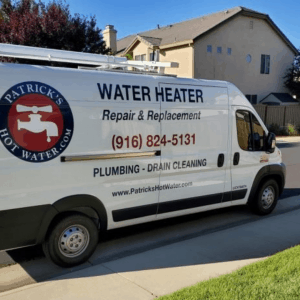 A photo of the service van of Patrick's Hot Water, a Rocklin plumber and water heater service company out on rounds in the neighborhoods of Rocklin, Granite Bay, Roseville, Loomis, Lincoln, and other nearby communities.